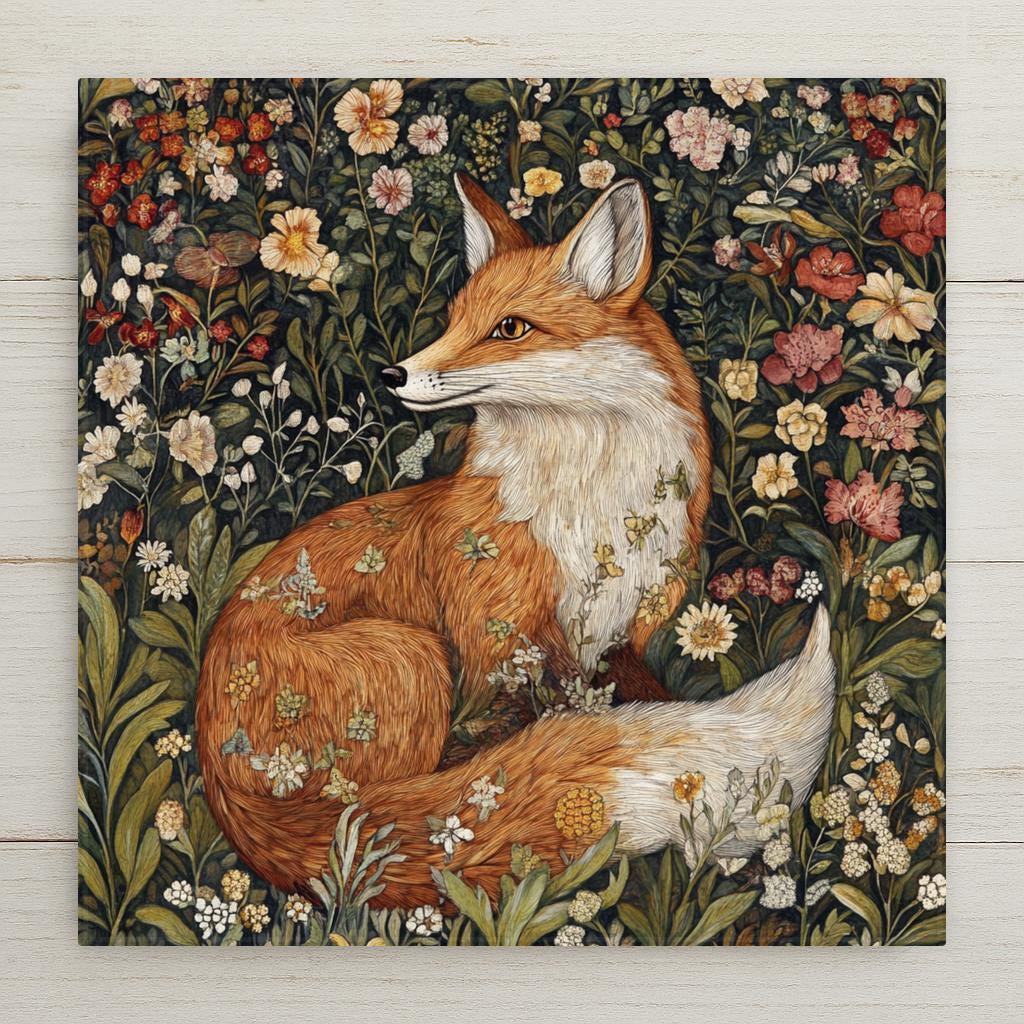 Inspired by Art Nouveau and William Morris. This stunning ceramic tile features a charming woodland fox and classic rabbit art, perfect for adding a vintage flair to any room. Use as wall decor or a trivet - this piece is 2 of 4.