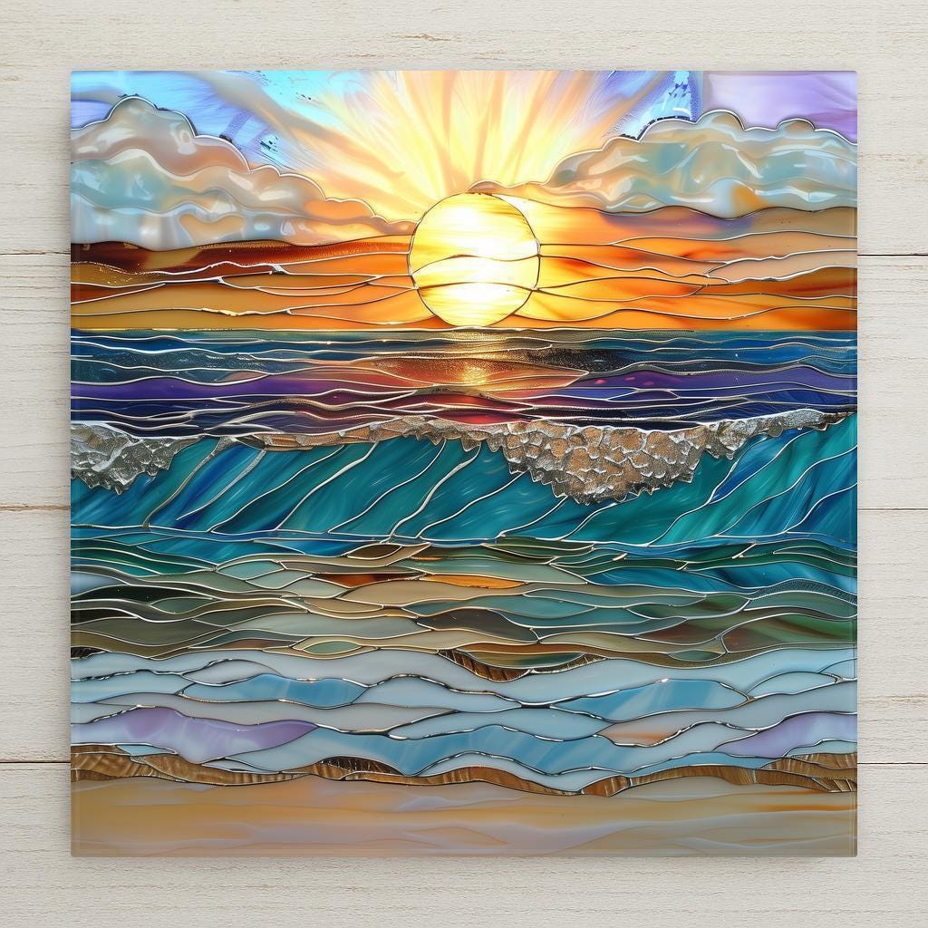 Amber and turquoise sunset waves in a stained glass look. Ceramic tile print with optional hanger, stand, or cork backing. Ocean decor for beach lovers.