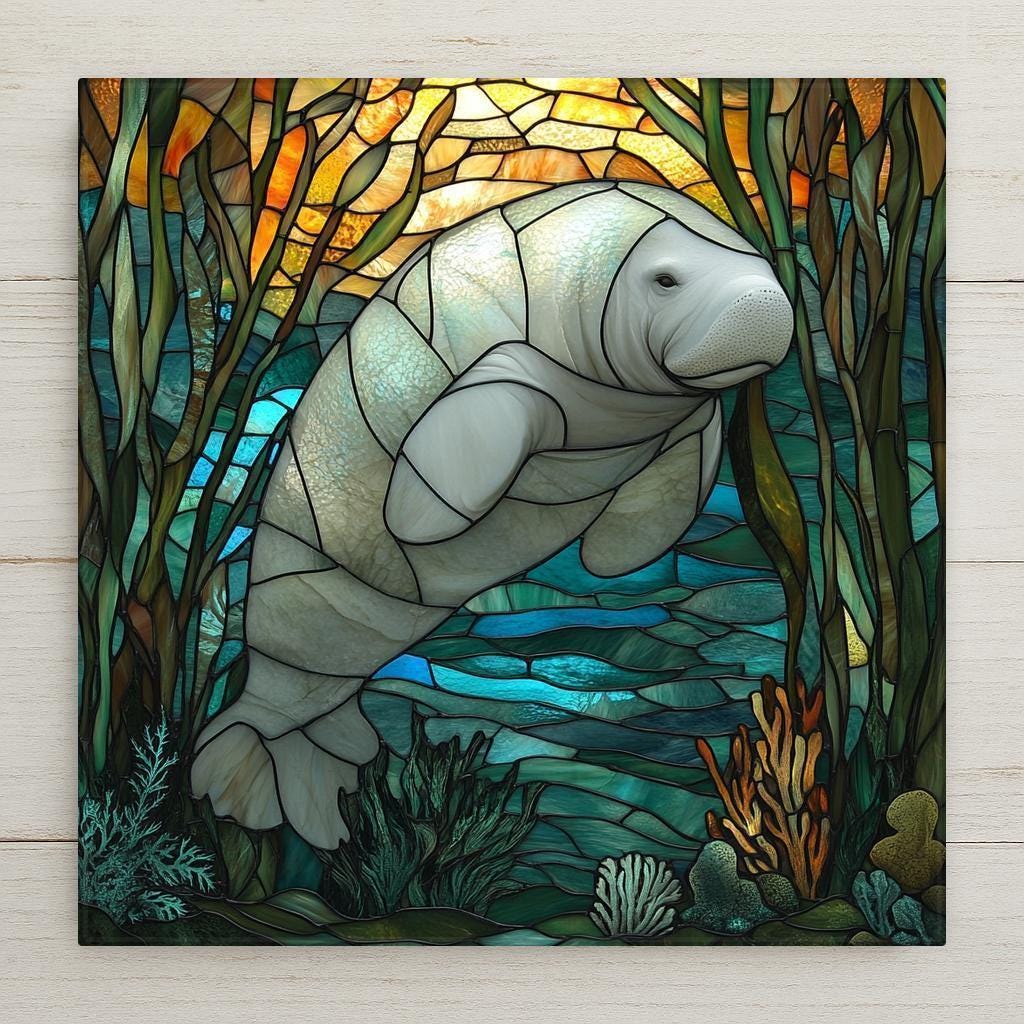 Stained glass manatee tile in golden sunset ocean tones. Peaceful sea life wall art for coastal homes and Florida wildlife lovers.