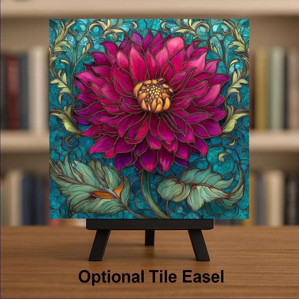 Magenta Dahlia Wall Art Ceramic Tile Stained Glass Style Floral Home Decor Bold Botanical Teal Art Gift Tile