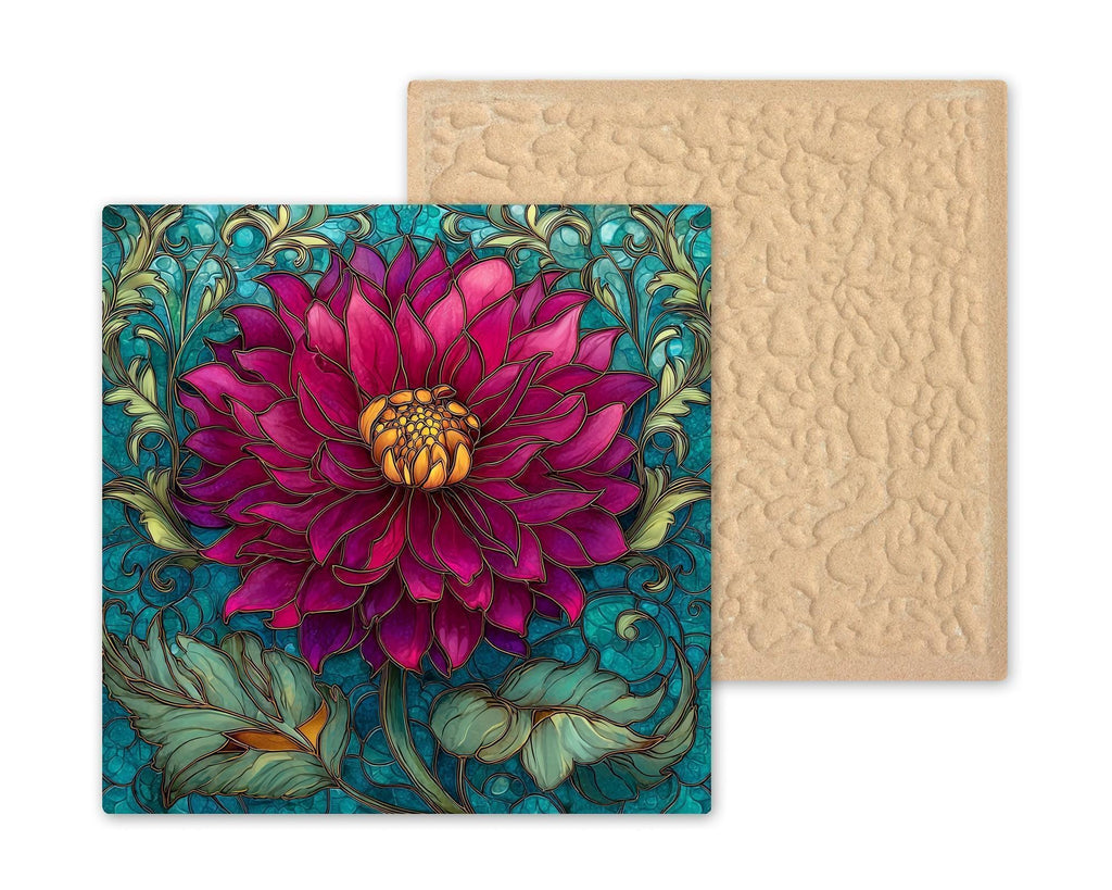 Magenta Dahlia Wall Art Ceramic Tile Stained Glass Style Floral Home Decor Bold Botanical Teal Art Gift Tile