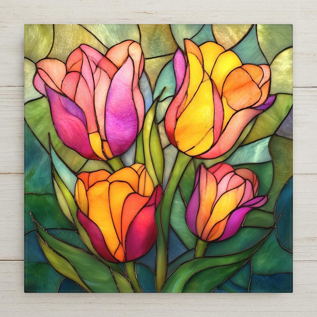 Stained glass style tulip ceramic tile wall art featuring vibrant pink, yellow, orange, and coral tulips with green leaves in a luminous botanical floral design.