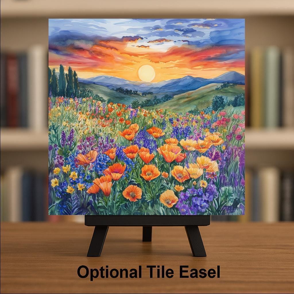 California Poppies Sunset Wall Art Ceramic Tile Nature Gift Wildflower Decor Golden Poppy Art State Flower Gift Tile