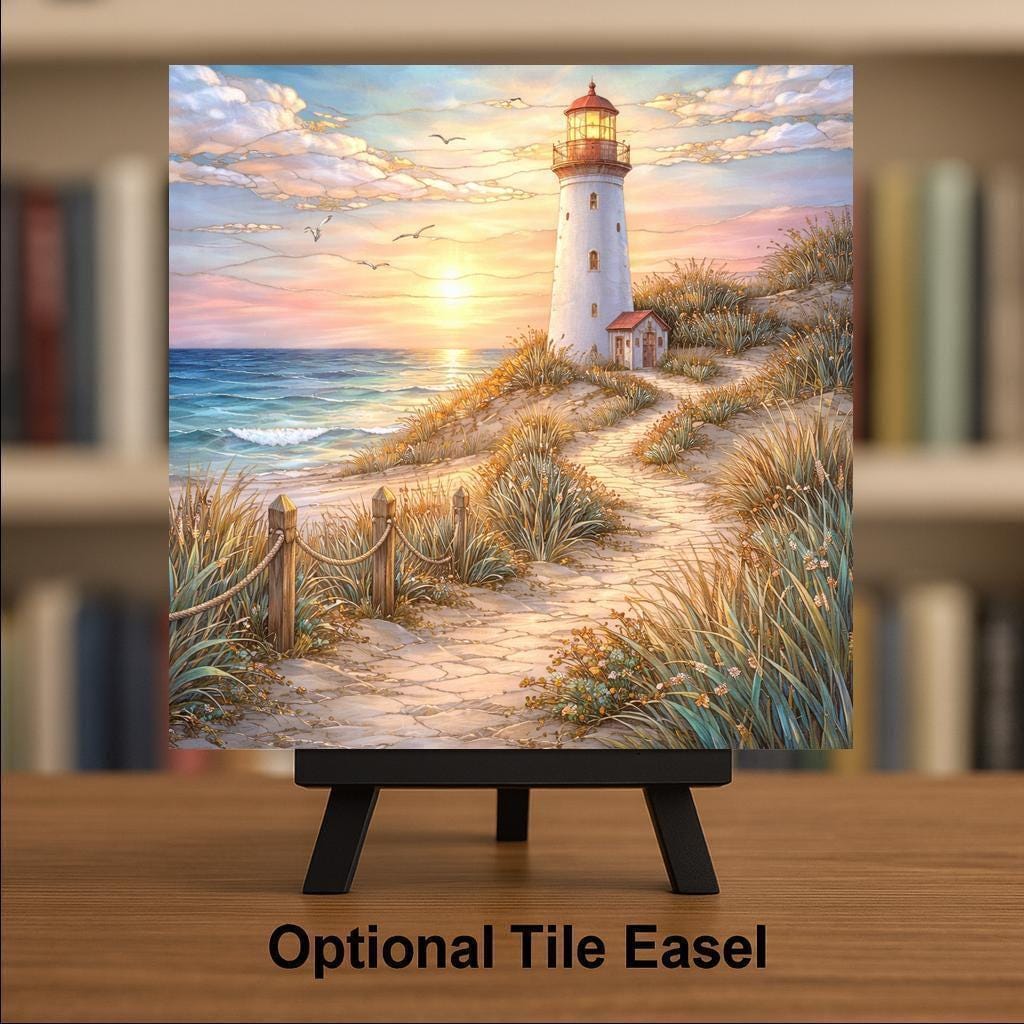 Seaside Lighthouse Wall Art Ceramic Tile Coastal Path Gift Sunset Decor Nature Art Lighthouse Lover Gift Tile