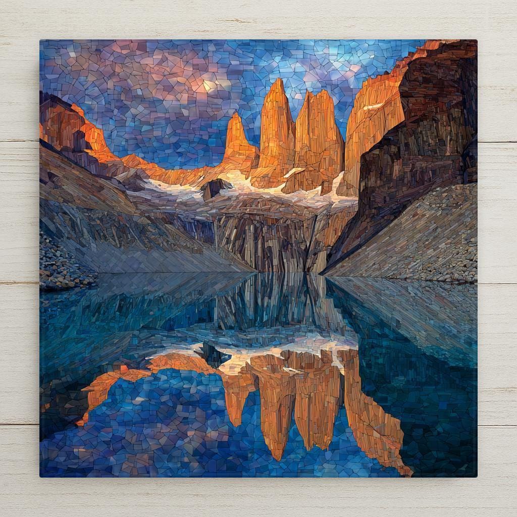 Emerald alpine lake ceramic tile wall art inspired by Torres del Paine in Patagonia. Towering granite peaks reflect in calm blue water, rendered in a stained glass–style mosaic. This is a permanent print on ceramic tile, not real stained glass or mosaic. Designed for wall decor or shelf display, with optional wall hanger, easel stand, cork backing, or premium frame available.