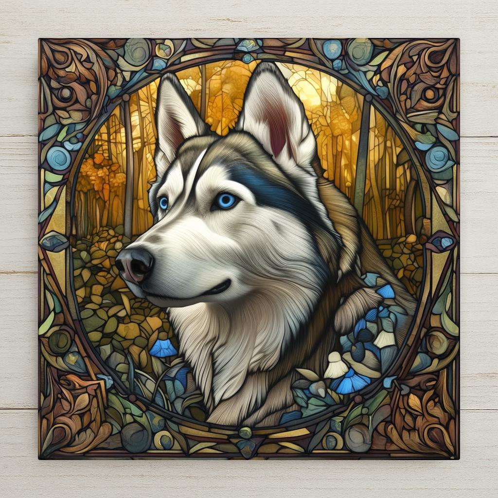 Capture the strength and beauty of the Siberian Husky with this artisan ceramic tile rendered in the flowing forms of Mucha-inspired Art Nouveau. The forest backdrop and ornate floral frame complement the husky’s thick fur and alert expression, creating a piece that’s as regal as it is heartwarming. Whether it graces your kitchen, entryway, or gallery wall, this handcrafted tile makes a unique gift for dog lovers and adds personality and warmth to any space.