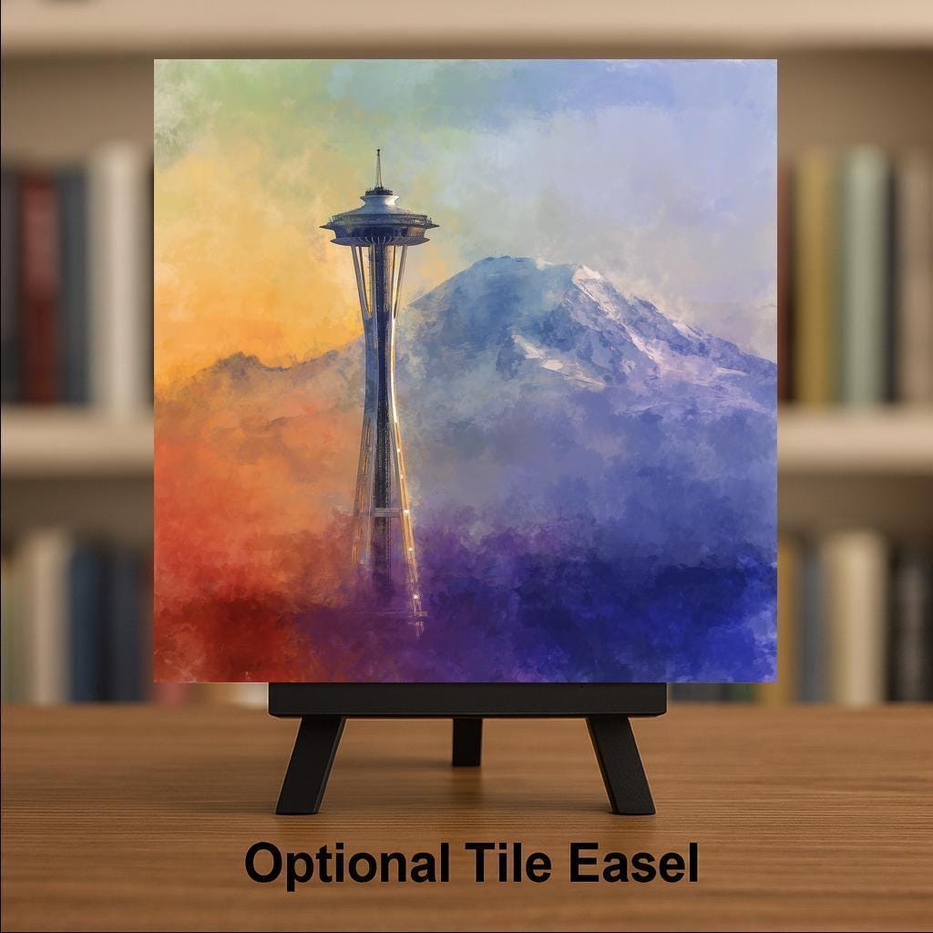 Space Needle Wall Art Ceramic Tile Seattle Gift Pacific Northwest Decor PNW Landmark Art Mount Rainier Gift Tile