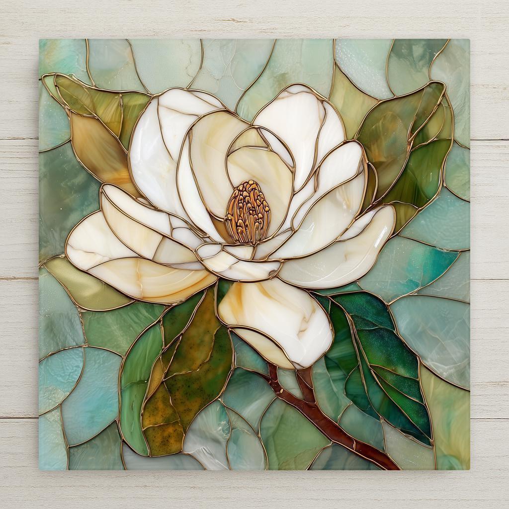 White magnolia stained glass–style ceramic tile wall art featuring ivory petals, soft green leaves, and warm gold accents. Botanical floral home decor with a calm, elegant look. Permanent ceramic print designed for indoor wall decor or tabletop display.