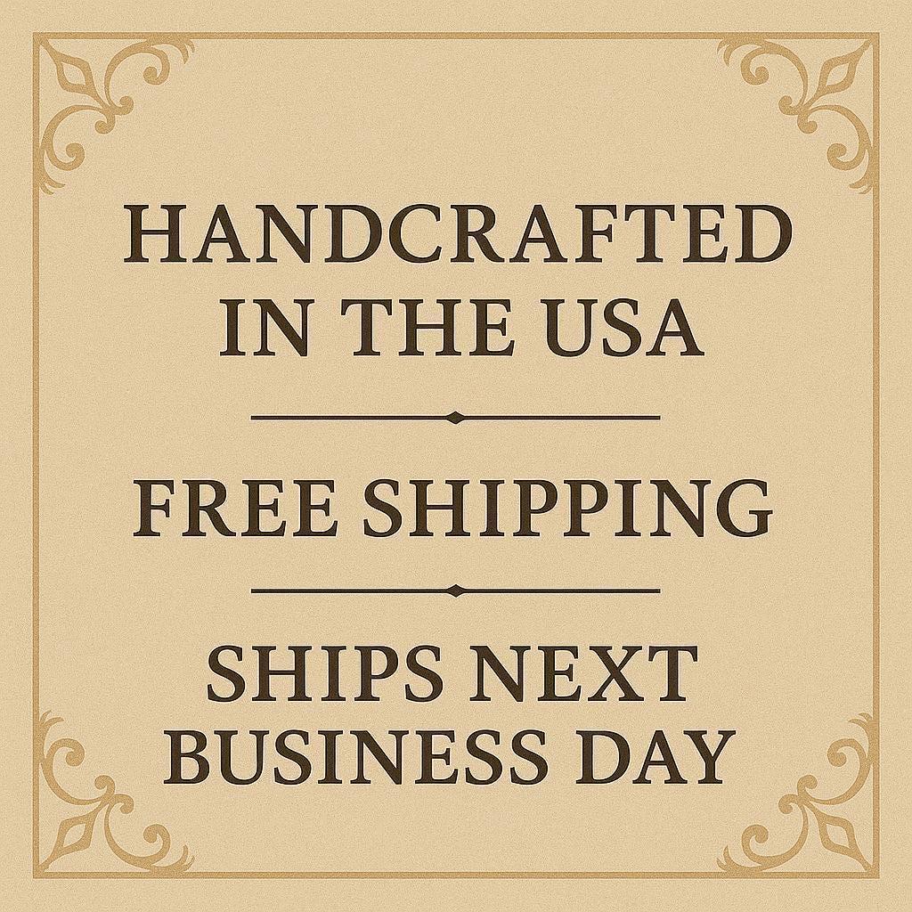 The image is a sign advertising a product, specifically a handmade item, that is free shipping and will be available for business the next day.