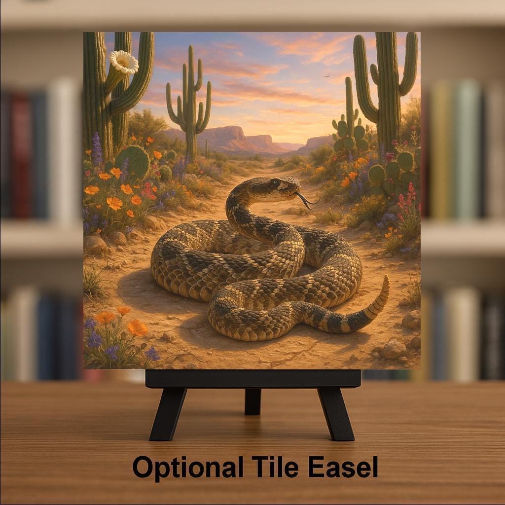 Rattlesnake Wall Art Ceramic Tile Stained Glass Style Southwest Wildlife Gift Desert Nature Decor Art