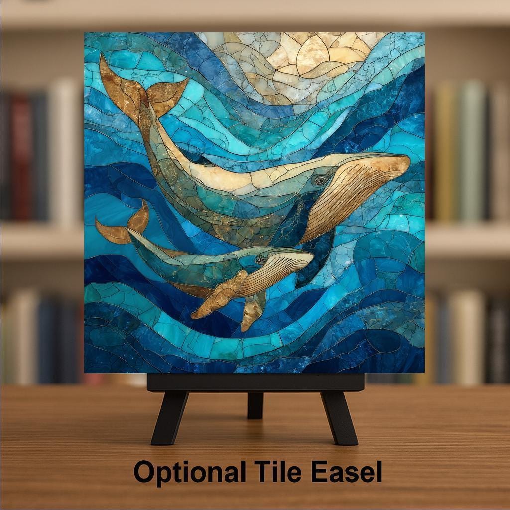 Whale Wall Art Ceramic Tile Stained Glass Style Ocean Coastal Marine Life Home Decor Nautical Sea Inspired Accent