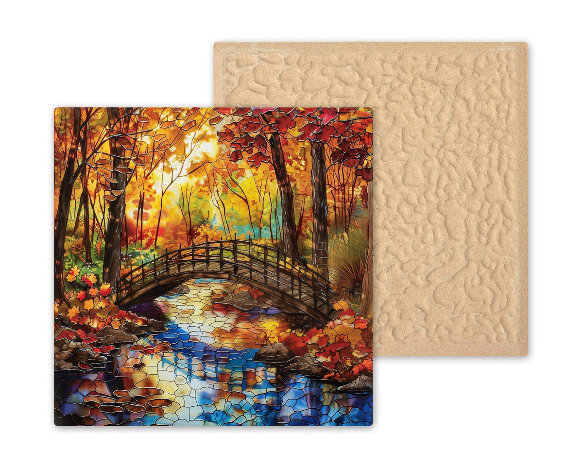 Autumn Bridge Wall Art Ceramic Tile Nature Gift Stained Glass Style Landscape Decor Fall Scenery Art Cozy Home Gift