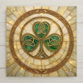 A heritage-inspired stained glass–style wall art ceramic tile featuring a Celtic shamrock framed by intricate knotwork in emerald green, ivory, and gold tones. This Irish symbol home decor piece represents unity, renewal, and tradition. The artwork is a permanent print on ceramic tile, not real stained glass. Optional tile wall hanger, easel tile stand, cork backing, and premium frame options are available.