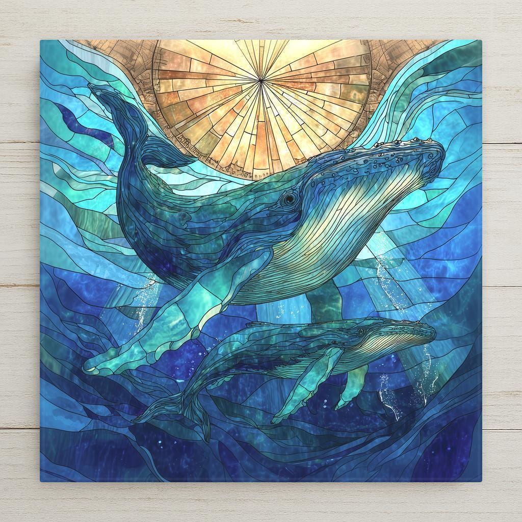 Stained glass–style whale artwork printed on a ceramic tile with glowing blue water, mosaic textures, and a mother-and-calf whale scene. Perfect for coastal décor or ocean lovers. Optional tile wall hanger, easel tile stand, cork backing, and premium frame available. Printed artwork, not actual stained glass.