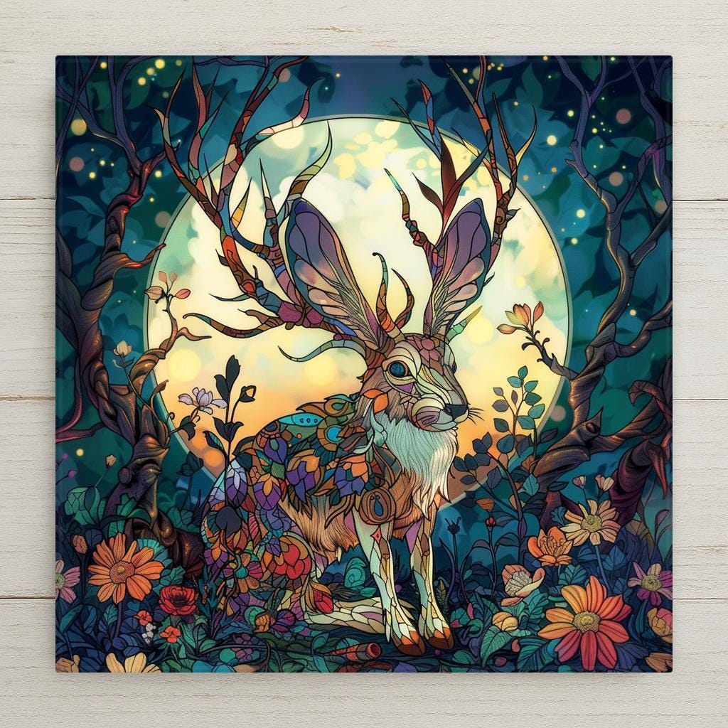 Whimsical ceramic tile of a jackalope with branching antlers standing in an enchanted moonlit flower garden before a glowing full moon