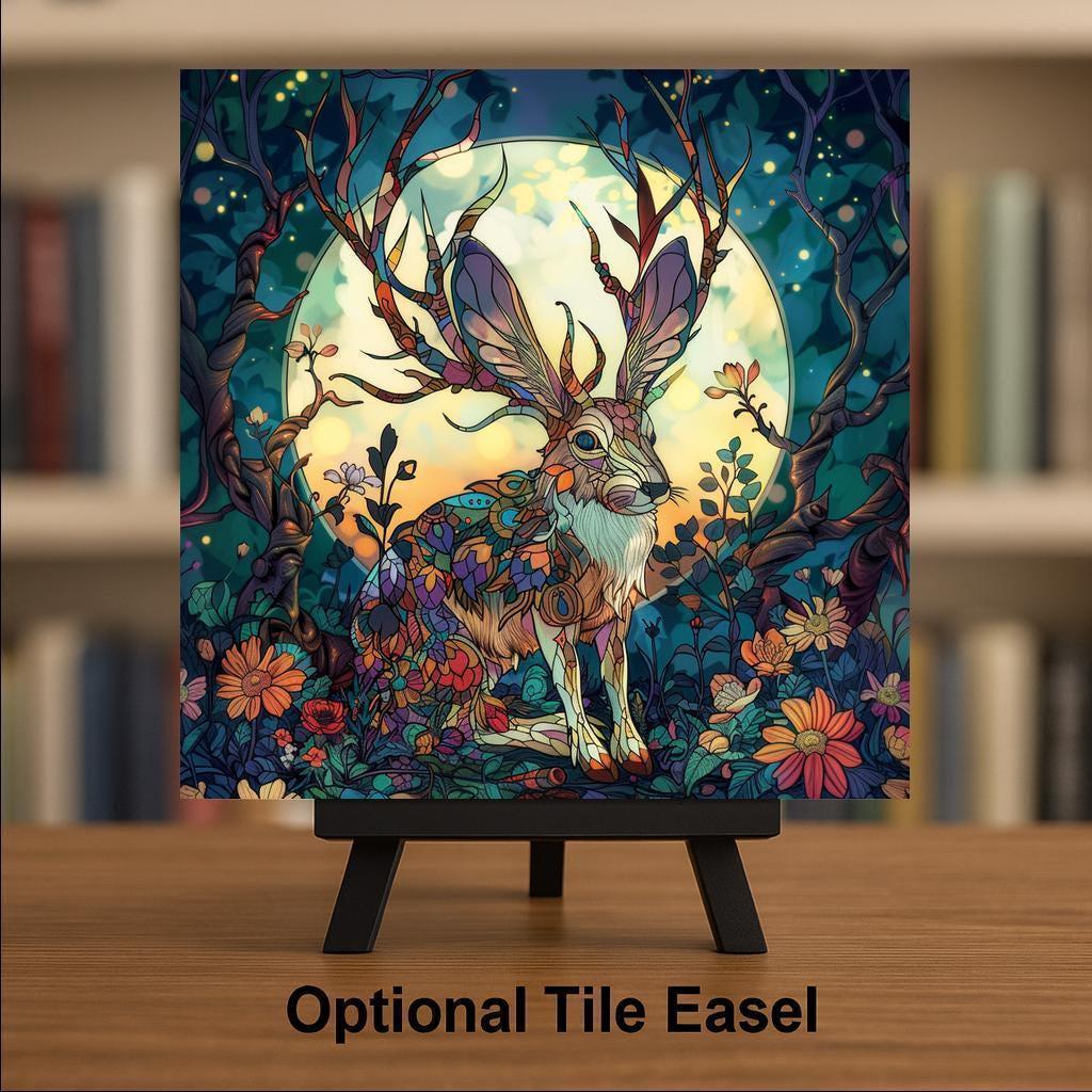 Jackalope Ceramic Tile Whimsical Folklore Legend Rabbit with Antlers Enchanted Moonlit Garden Fantasy Wall Art Decor