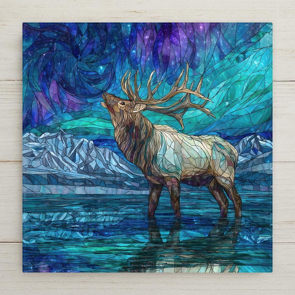 stained glass style elk standing in reflective lake with aurora sky and mountains