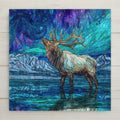 stained glass style elk standing in reflective lake with aurora sky and mountains