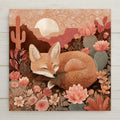 Desert fox ceramic tile art with cactus flowers and soft sunset tones. Permanent print on ceramic. Optional hanger, stand, or cork backing.