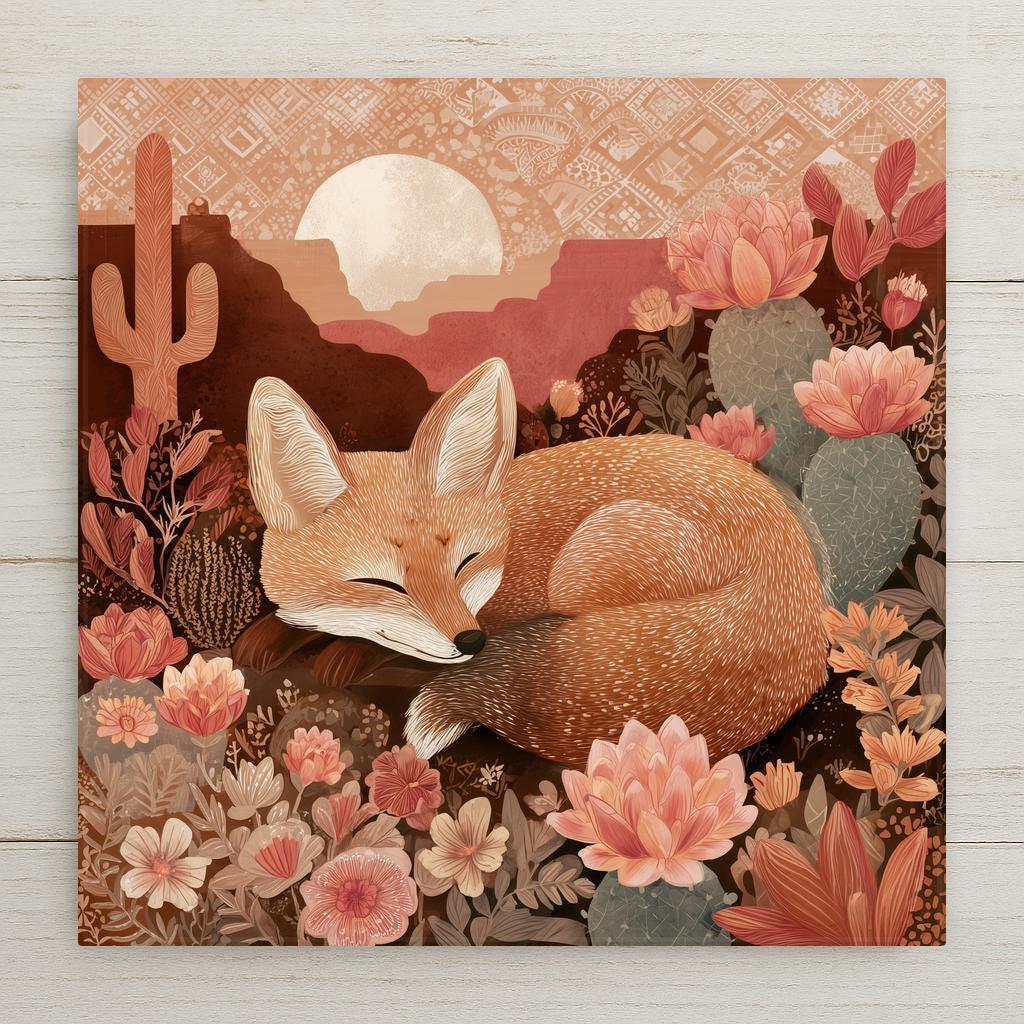 Desert fox ceramic tile art with cactus flowers and soft sunset tones. Permanent print on ceramic. Optional hanger, stand, or cork backing.