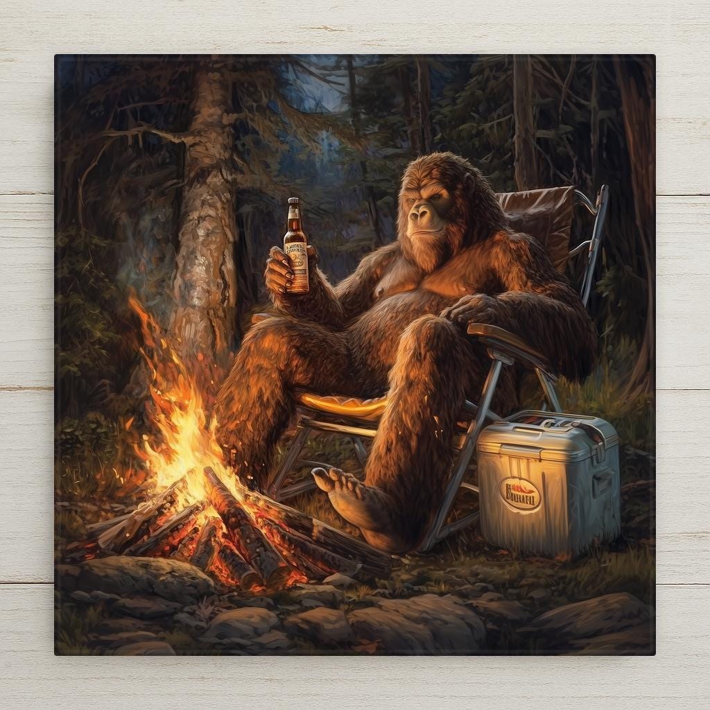 Funny bigfoot ceramic tile wall art showing a photorealistic sasquatch relaxing in a camp chair by a campfire with a beer bottle and cooler in a dusk forest, man cave and cabin decor