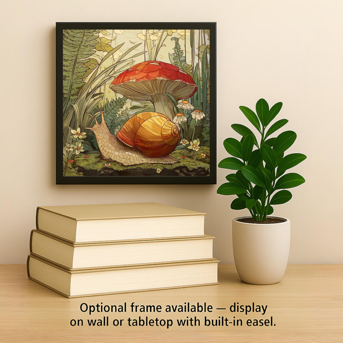 Garden Snail Ceramic Art Tile – Cottagecore Mushroom Wall Decor, Whimsical Botanical Nature Gift