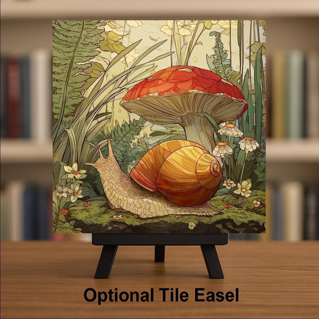 Garden Snail Ceramic Art Tile – Cottagecore Mushroom Wall Decor, Whimsical Botanical Nature Gift