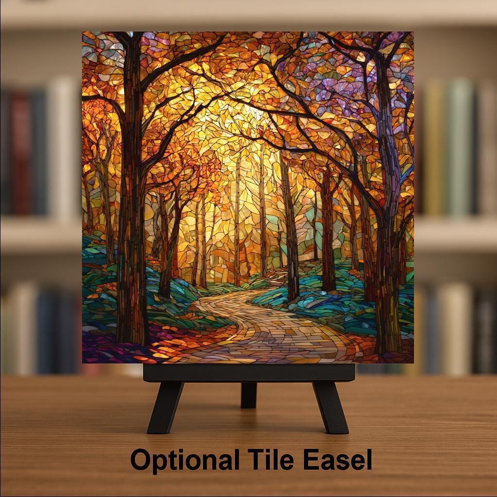 Autumn Forest Wall Art Ceramic Tile Stained Glass Style Rustic Gift Fall Decor Woodland Nature Cabin Art