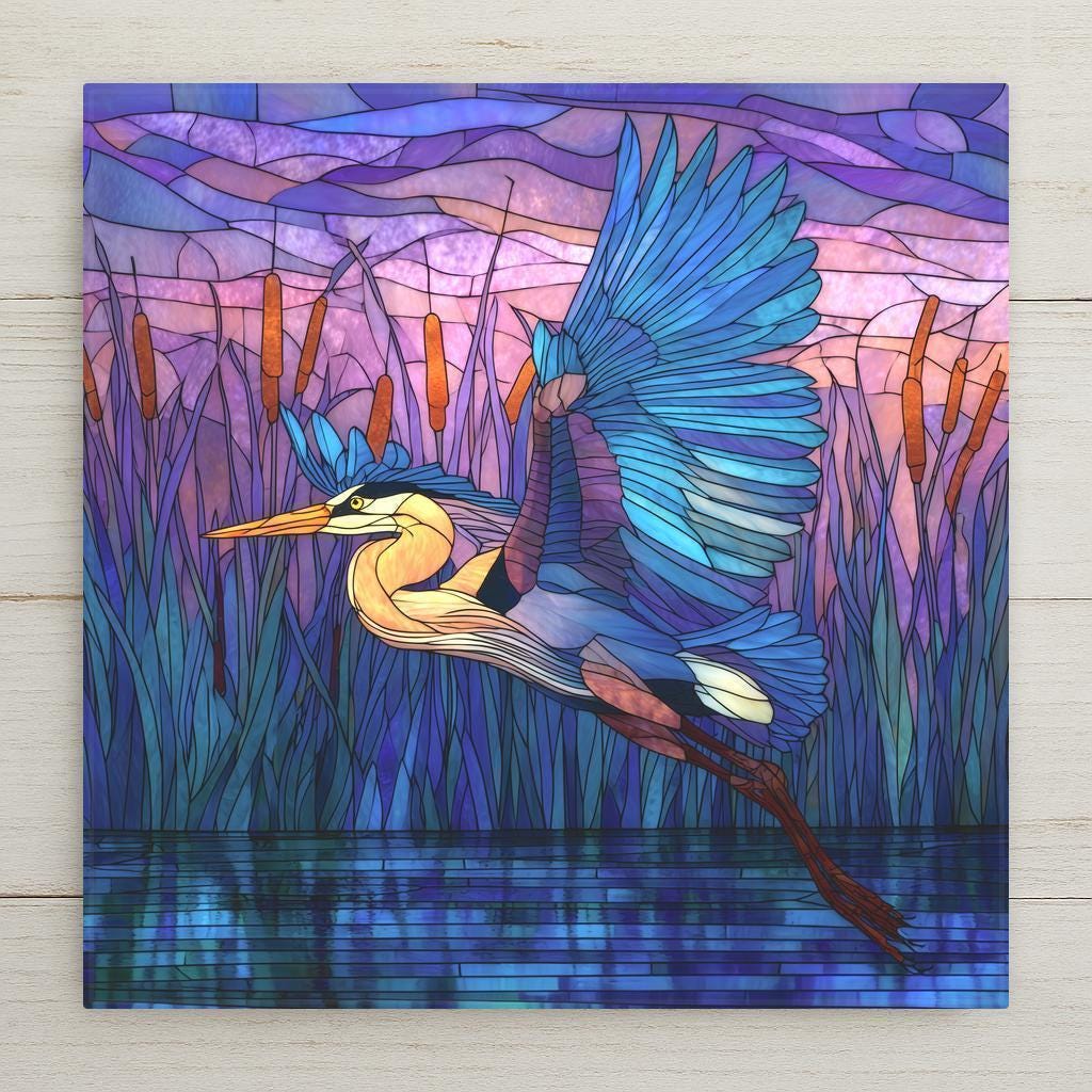 stained glass blue heron flying over water with cattails sunset tile art