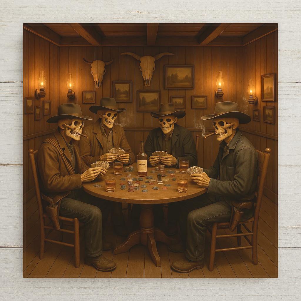 This eerie ceramic tile features skeleton cowboys playing poker in a ghostly saloon. Perfect for Western, gothic, or Halloween-inspired décor.