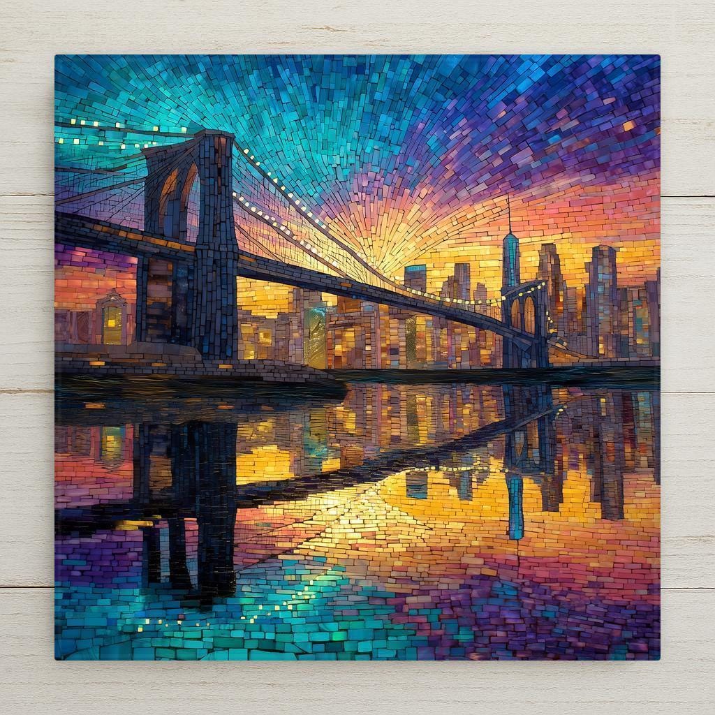 Stunning Brooklyn Bridge stained-glass-style ceramic tile. Rich jewel tones and NYC skyline reflections make this striking wall art perfect for your home decor. Optional tile wall hanger, tile stand, cork backing, and premium frame available. Permanent print on tile, not real stained glass or mosaic.