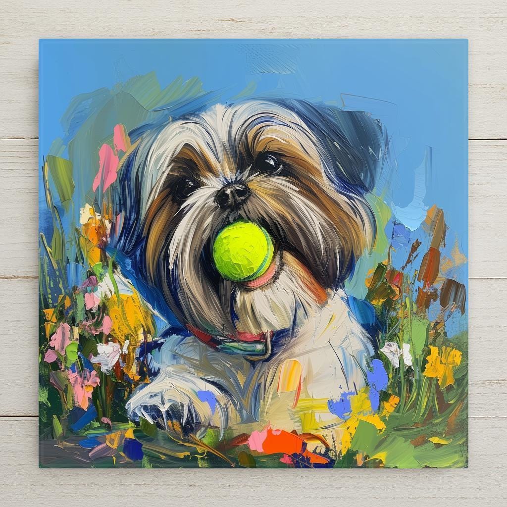 Adorable Shih Tzu ceramic tile art with a tennis ball in a colorful wildflower meadow. Playful and vibrant dog wall art for pet lovers and owners. A perfect handmade gift for fans of small dogs and decorative home accents.