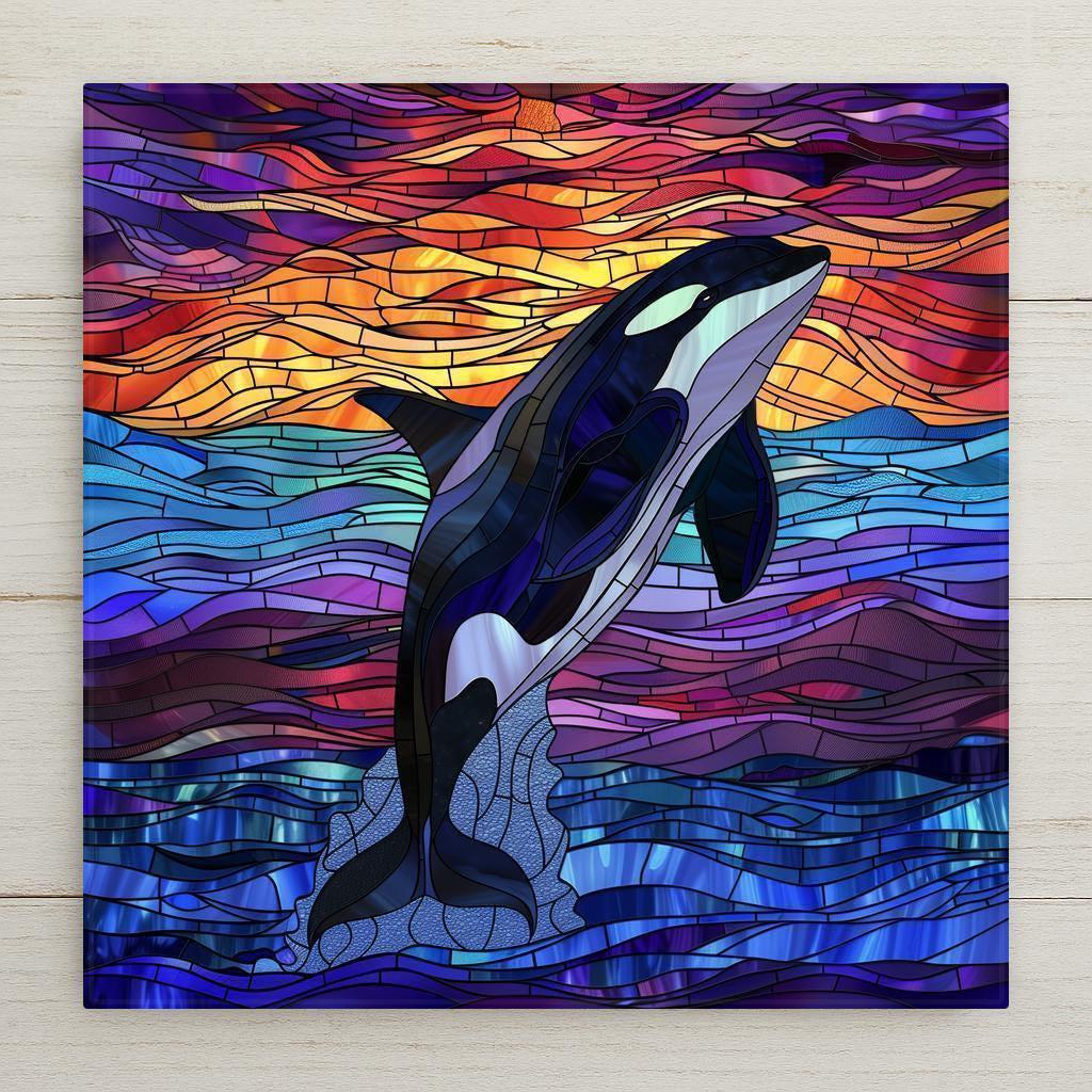 Stained glass orca whale wall art featuring a breaching killer whale and glowing jewel-toned sunset. Permanently printed on ceramic tile for vivid color and lasting beauty. Display with cork backing, tile wall hanger, easel stand, or upgrade to a premium frame for versatile wall or tabletop display. Perfect ocean-inspired decor or gift for marine life lovers.