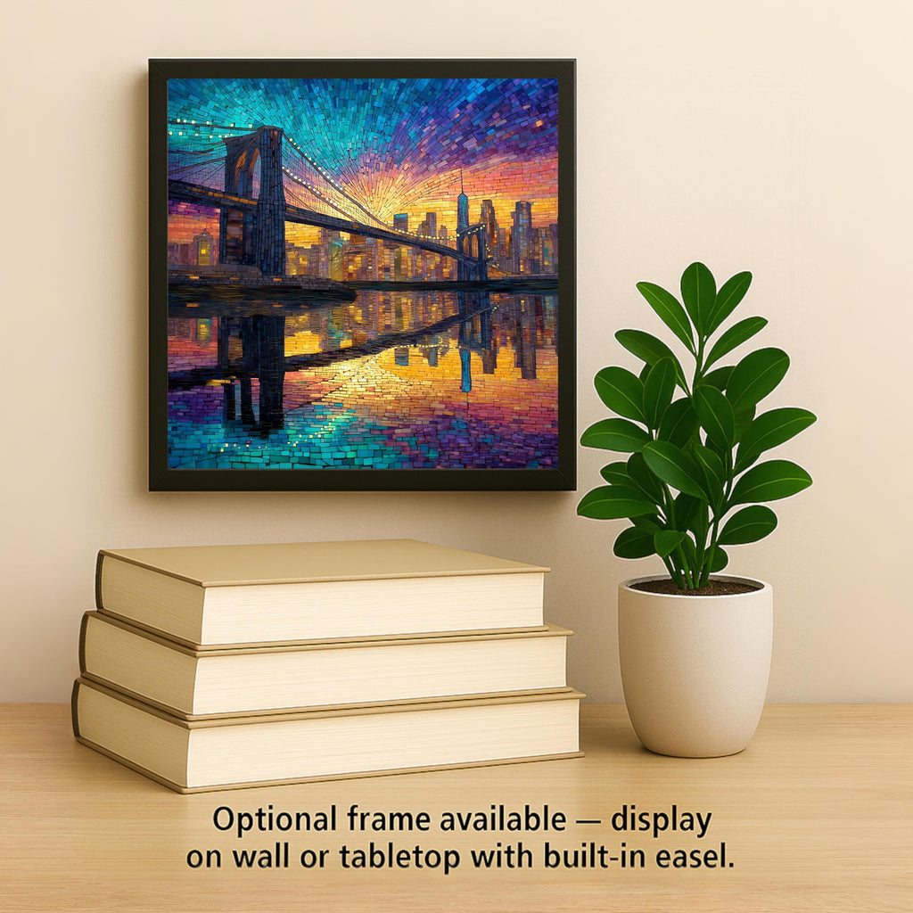 Brooklyn Bridge Wall Art Ceramic Tile: NYC Skyline Sunset Home Decor - Stained Glass Style