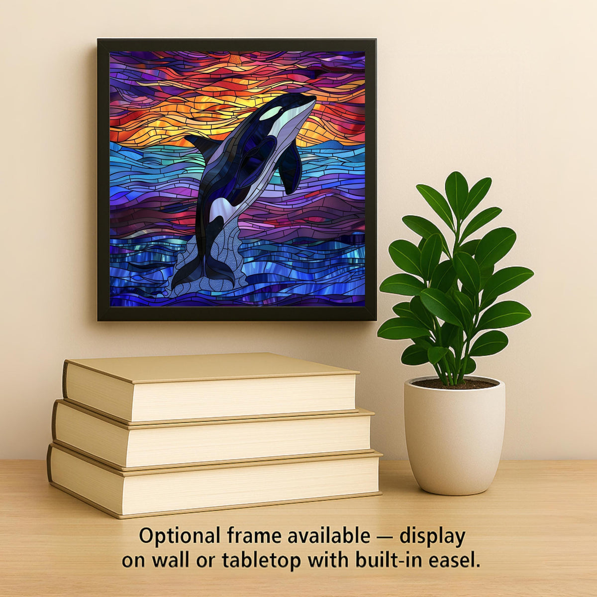 Breaching Whale Ceramic Tile Wall Art Ocean Sunset Orca Nautical Stained Glass Style Coastal Marine Decor