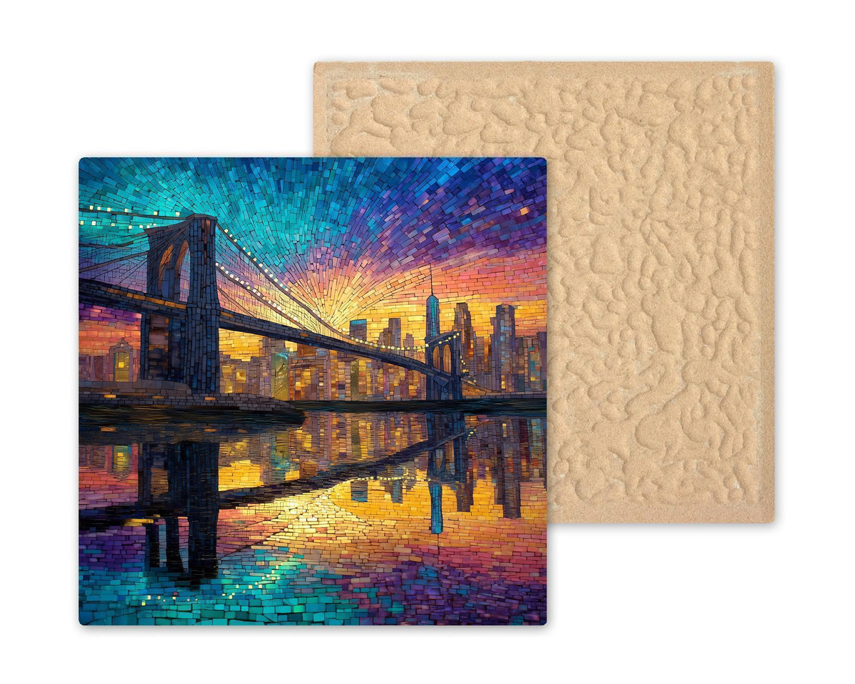 Brooklyn Bridge Wall Art Ceramic Tile: NYC Skyline Sunset Home Decor - Stained Glass Style
