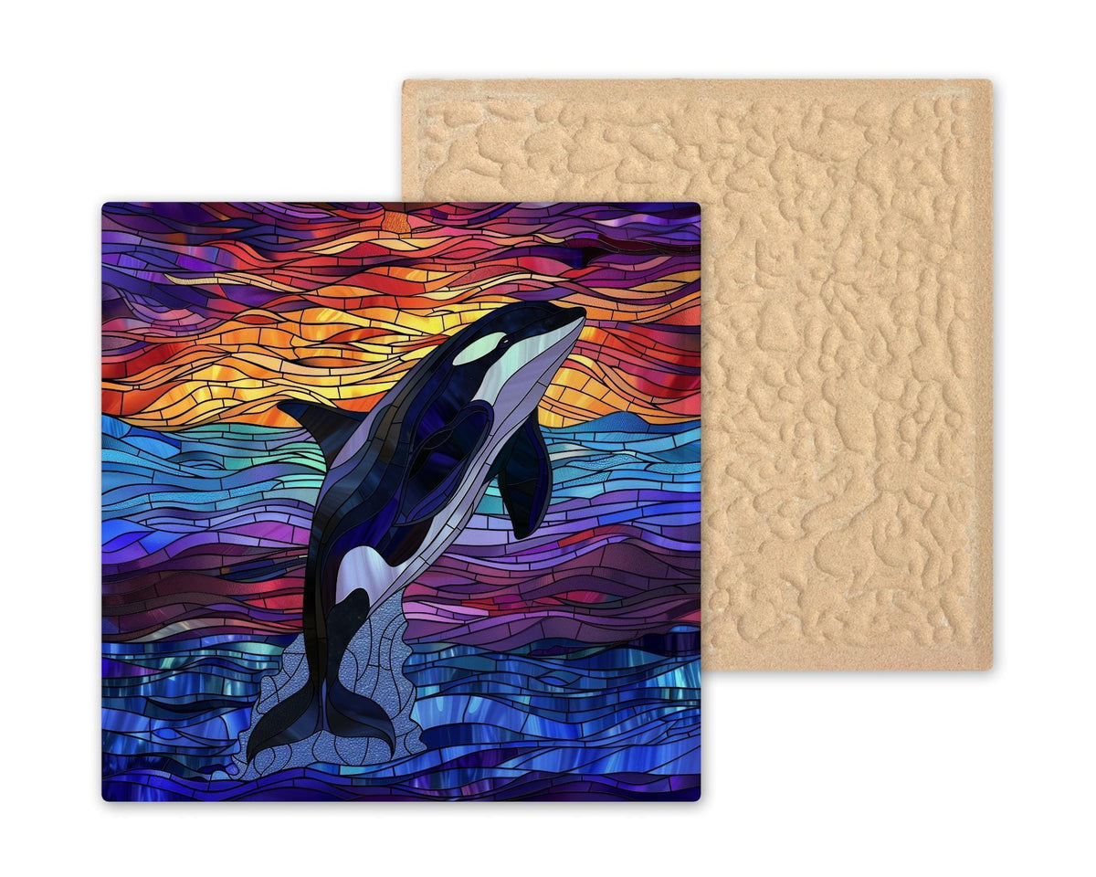 Breaching Whale Ceramic Tile Wall Art Ocean Sunset Orca Nautical Stained Glass Style Coastal Marine Decor