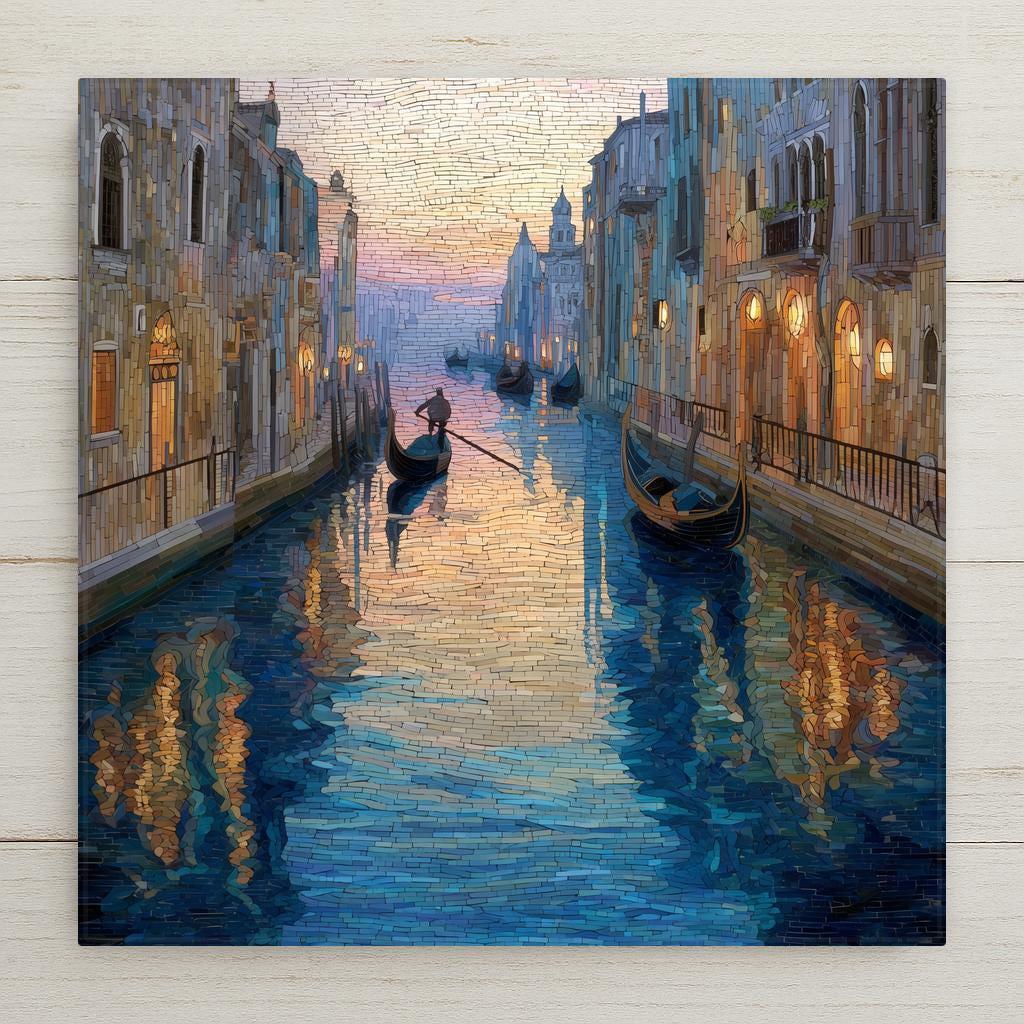 Venice canal ceramic tile wall art featuring gondolas, glowing reflections, and classic Italian architecture in a stained glass–style design. This is a permanent print on ceramic, not real stained glass or mosaic. Ideal Italian decor and romantic home decor. Optional tile wall hanger, easel tile stand, cork backing, and premium frame available.