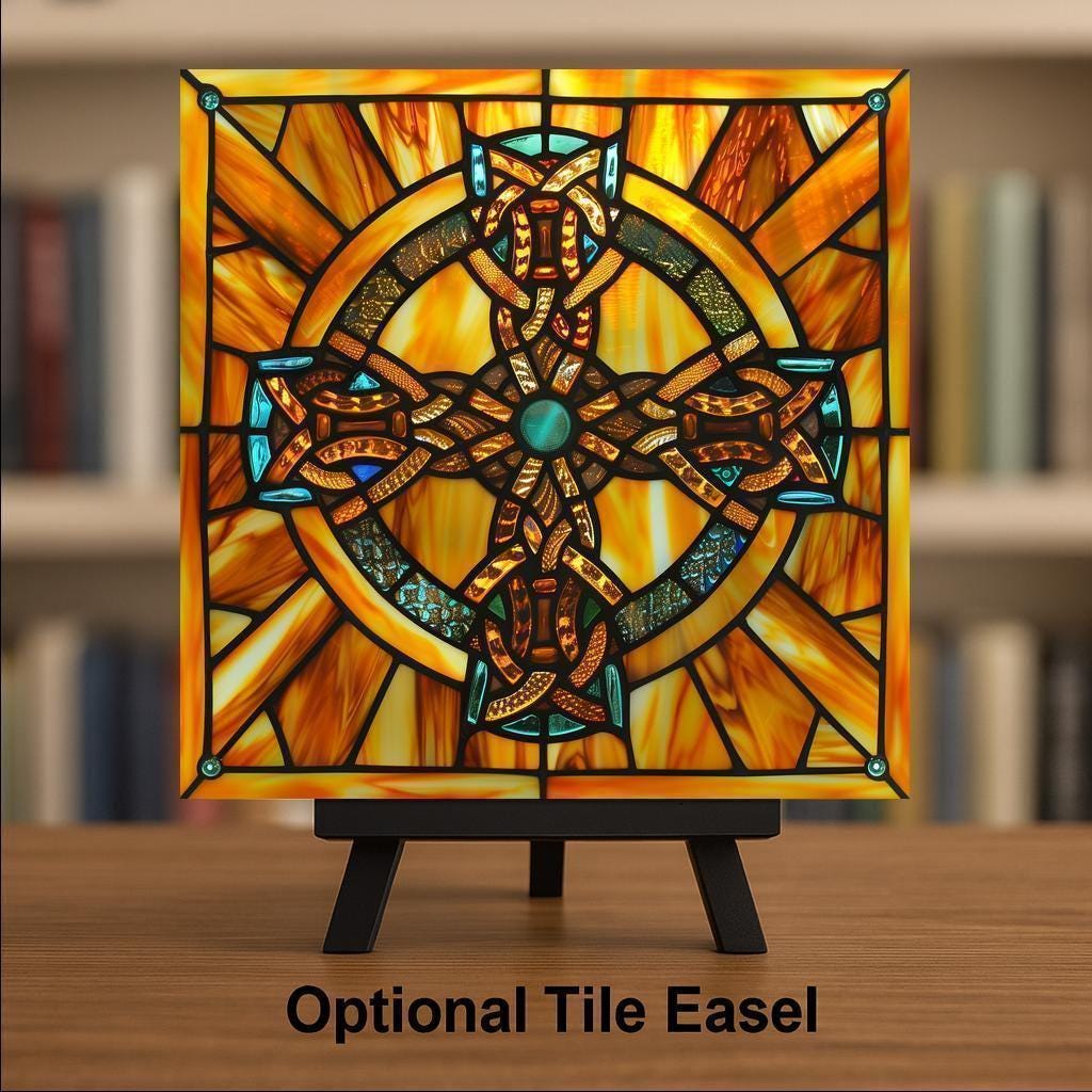 Celtic Cross Stained Glass Style Ceramic Art Tile: Faith Wall Decor Christian Gift Religious Home Decor Wall Art