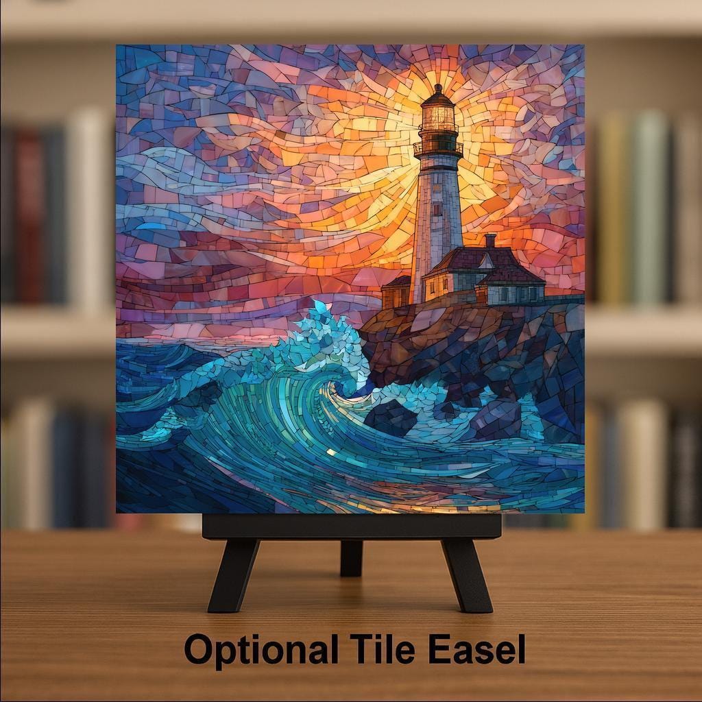 Lighthouse Ceramic Art Tile – Stained Glass Style Coastal Sunset Wall Decor, Nautical Ocean Wave Gift