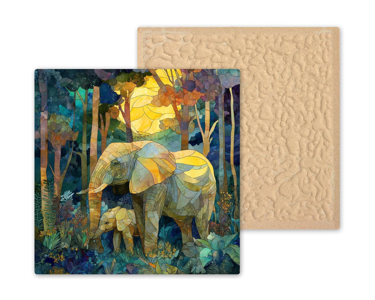 Elephant Mother Baby Wall Art Ceramic Tile Stained Glass Style Wildlife Illustration Nursery Animal Family Gift Tile