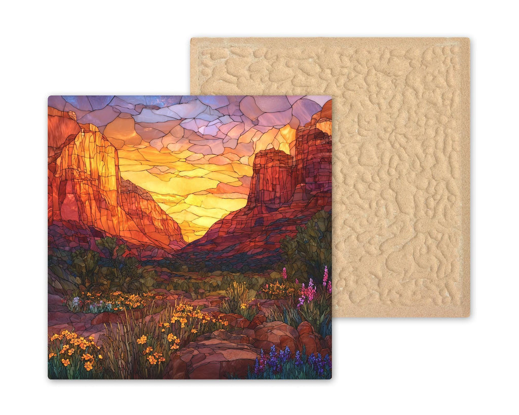 Sedona Red Rock Ceramic Tile Wall Art - Stained Glass Style Desert Landscape Statement Decor for Southwest Home