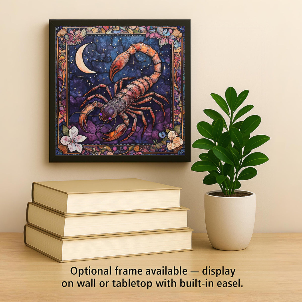 Scorpio Zodiac Stained Glass Style Ceramic Art Tile – Witchy Dark Academia Wall Decor, Purple Celestial Moon Accent