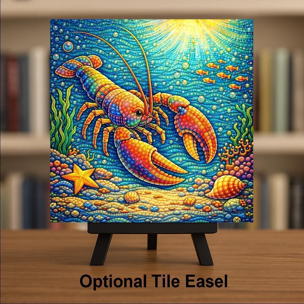 Lobster Wall Art Ceramic Tile Stained Glass Style Coastal Gift Nursery Decor Whimsical Ocean Nature