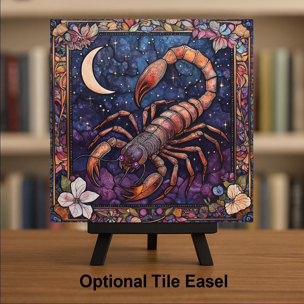 Scorpio Zodiac Stained Glass Style Ceramic Art Tile – Witchy Dark Academia Wall Decor, Purple Celestial Moon Accent