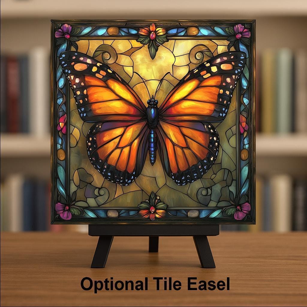 Monarch Butterfly Wall Art Ceramic Tile Art Nouveau Gift William Morris Stained Glass Memorial Decor Nature Art