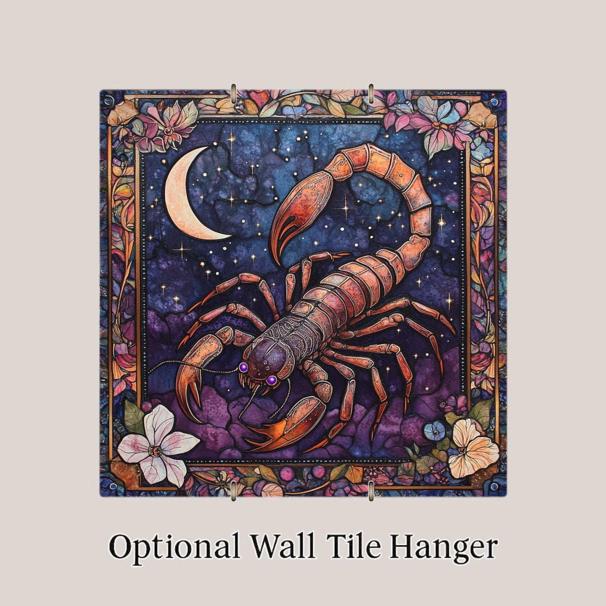 Scorpio Zodiac Stained Glass Style Ceramic Art Tile – Witchy Dark Academia Wall Decor, Purple Celestial Moon Accent