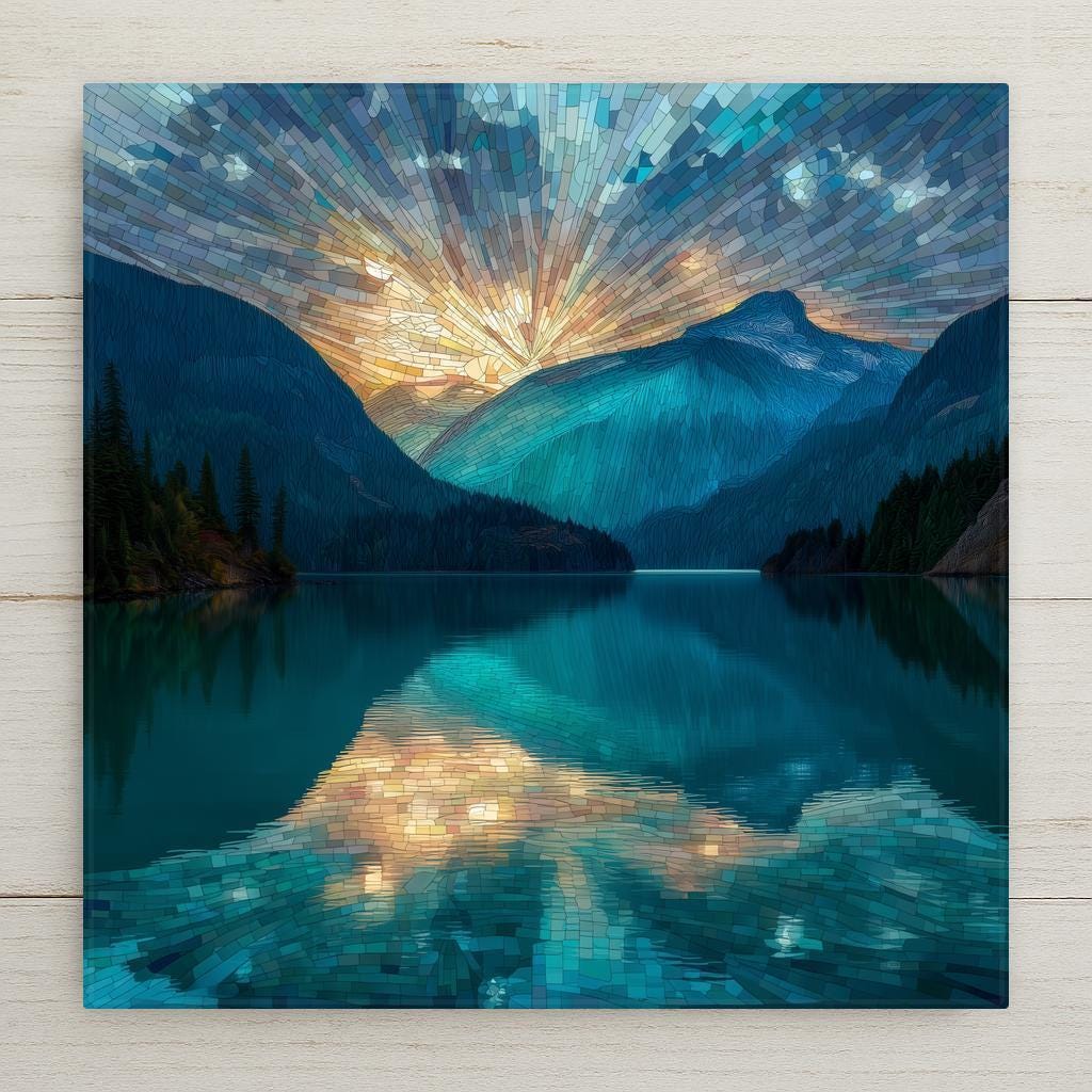 Diablo Lake ceramic tile wall art featuring vivid turquoise water and surrounding mountain peaks in North Cascades National Park, Washington, shown in a stained glass style mosaic with glowing sky reflections. Square mountain lake tile artwork suitable for wall or tabletop display with optional wall hanger, easel stand, cork backing, or premium frame.
