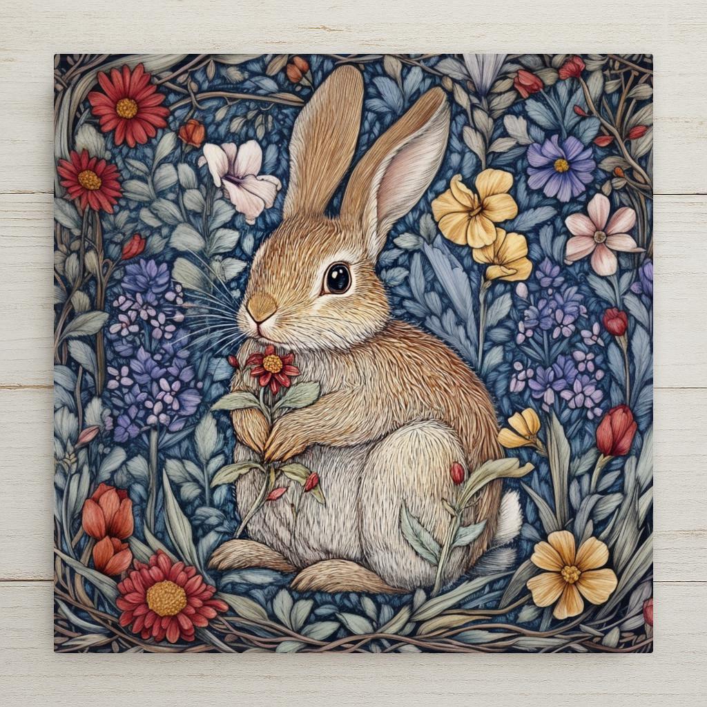 Bunny Wall Art Ceramic Tile William Morris Gift Art Nouveau Floral Decor Rabbit Lover Nature Art Botanical Gift
