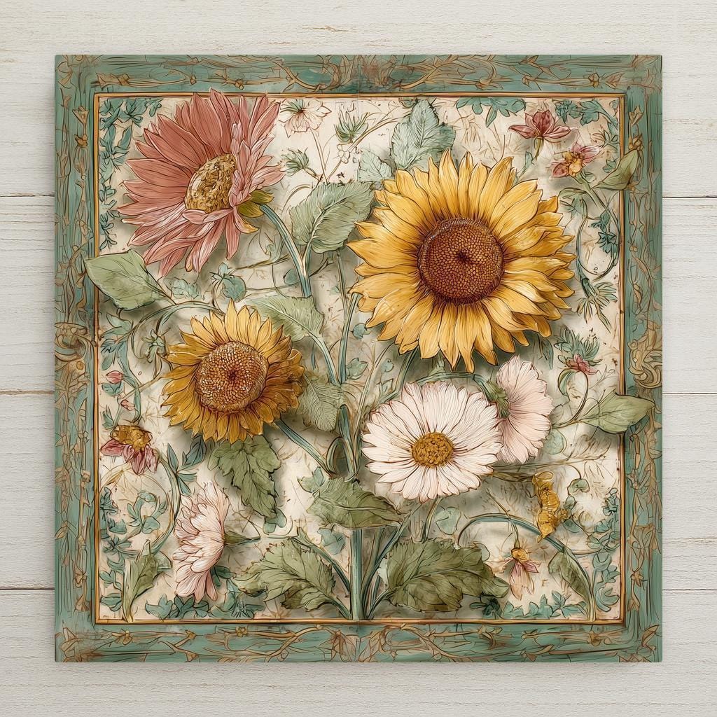 Rustic sunflower and wildflower tile art with a weathered teal border and vibrant summer colors. Printed using premium inks for lasting brilliance. A perfect accent for farmhouse patios, garden walls, or summer kitchen decor. Optional tile wall hanger, easel tile stand, or cork backing available.